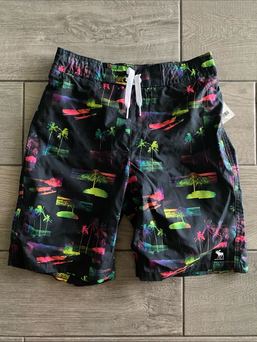 Abercrombie Kids Boys Swimsuit Trunks - Black with Neon Rainbow Graphics
